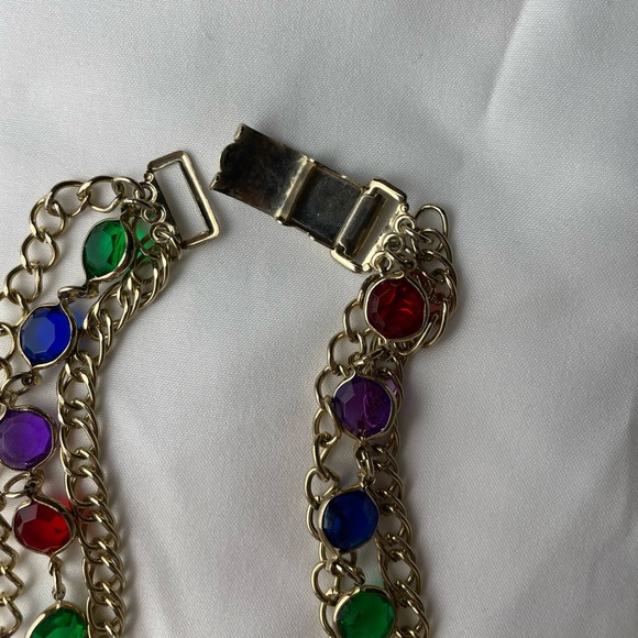 Multi Strand Necklace w/ Multi-Color Faux Crystals & link Chain Strands. - Picture 3 of 5